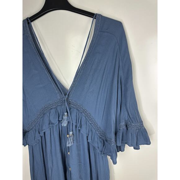 Free People Paradiso HiLo Maxi Dress Ruffle Blue Boho Folklore Oversized Medium - Picture 4 of 16